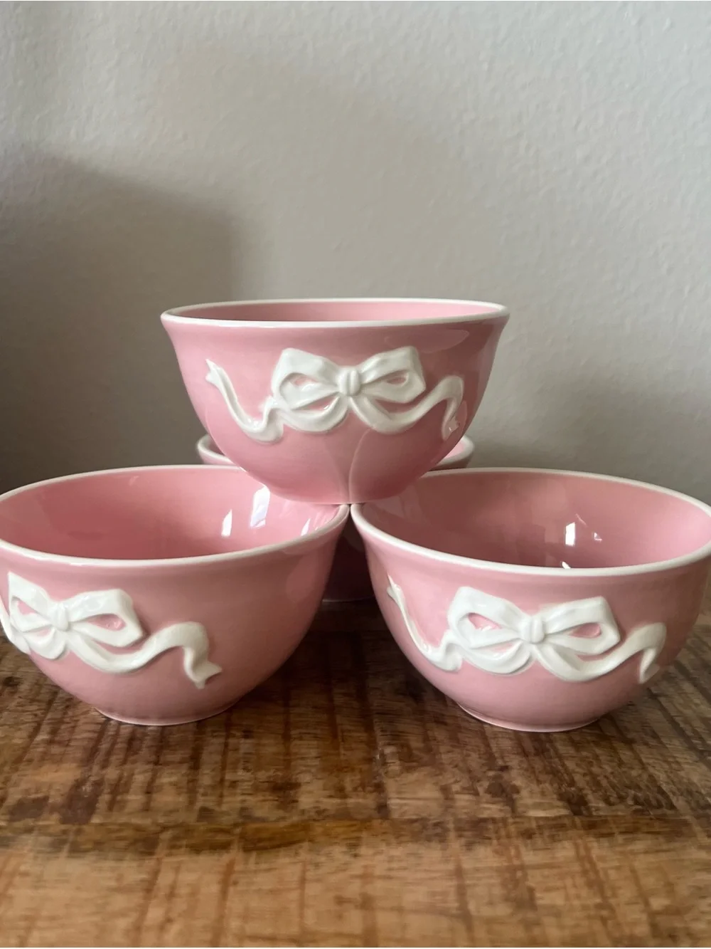 New 4pc Pink Bow Stoneware Small Bowl Set